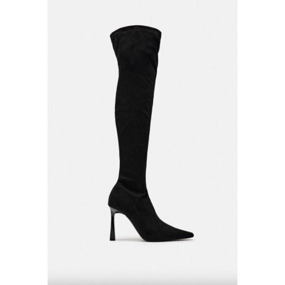 NWT Zara black stretch fabric knee high square flared heel pointed toe boots - Picture 1 of 4